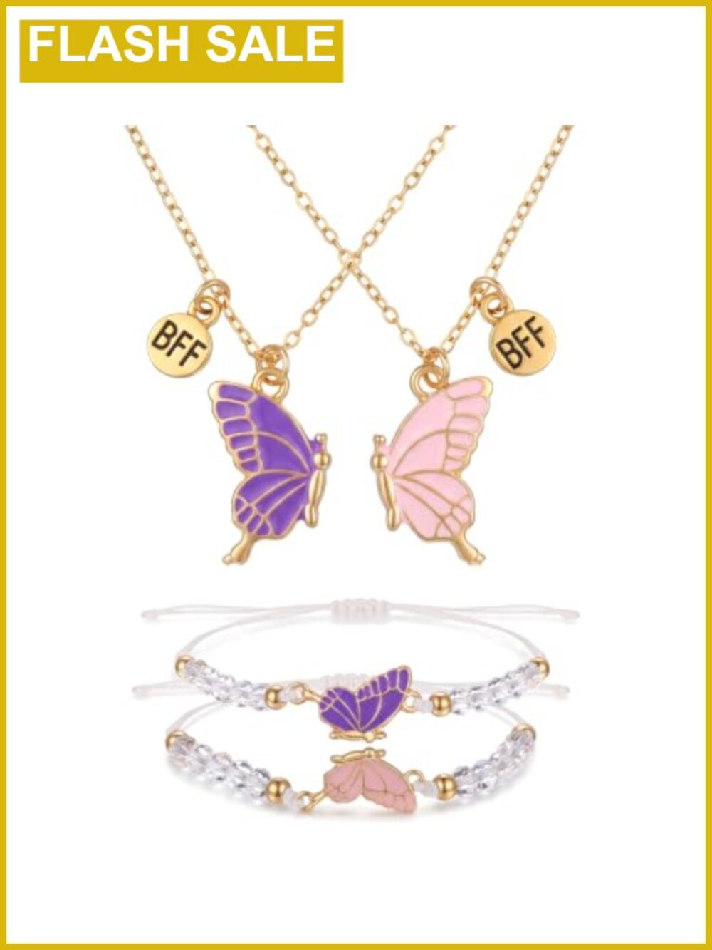 Girls Butterfly BFF Necklace Bracelet Set Alloy Friendship Jewelry
